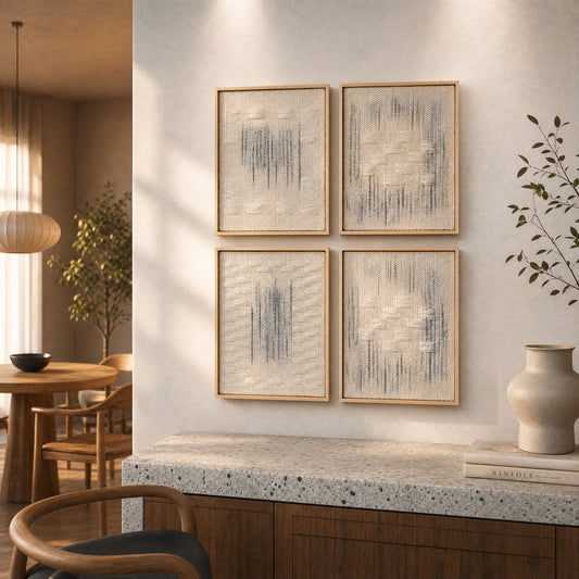 Framed Set of handwoven wool mini tapestries in slim wooden frames, framed textile wall art by Lale Studio & Shop