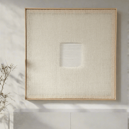 Diskuer handwoven wool tapestry shown hanging on a wall