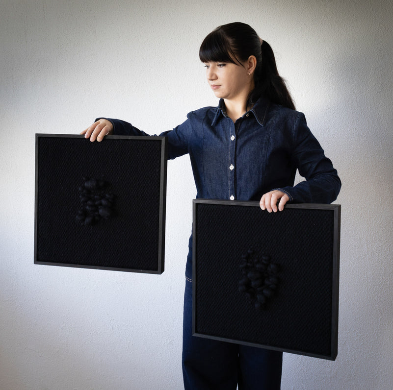 Enigma - Sculptural Framed Tapestry - Black Wool and Wood Art