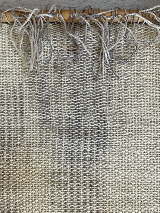 Tupe handwoven wool tapestry shown hanging on a wall