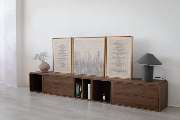 Side view of Mist Triptych showing its handwoven wool depth