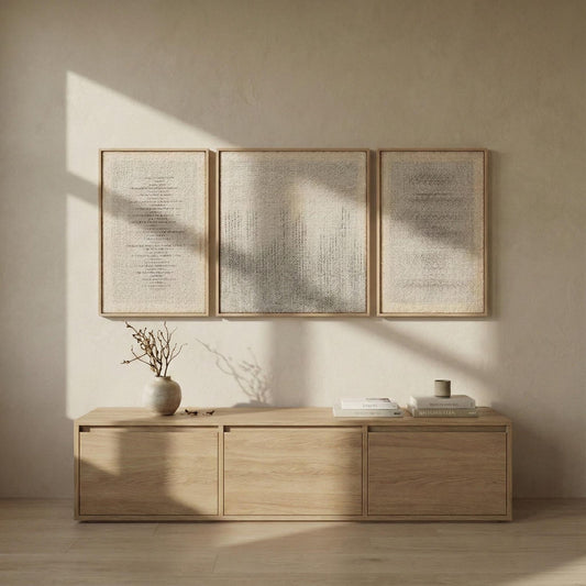 Mist Triptych oak/pine wood-framed handwoven wool wall art by Lale Studio & Shop