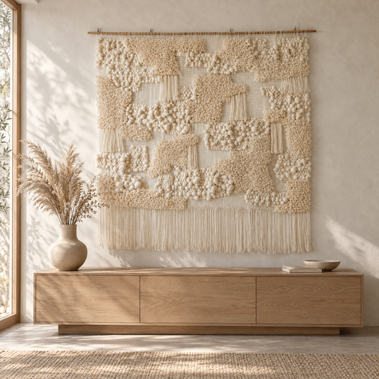 Totipoa large handwoven wall hanging on a bamboo rod above an oak sideboard in a warm Japandi interior, Lale Studio Shop