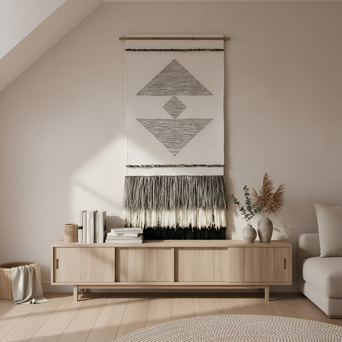 Kanso rod-mounted handwoven wool wall art by Lale Studio & Shop