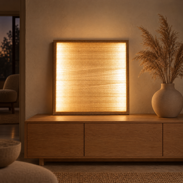 Ma illuminated handwoven wool tapestry standing on an oak sideboard in a warm evening interior, Lale Studio Shop