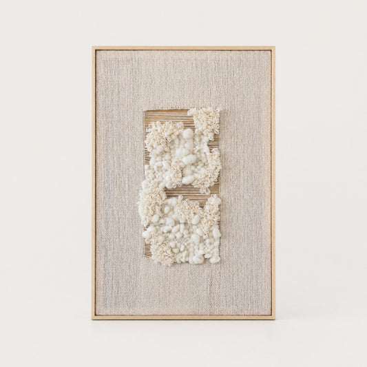 Velua handwoven wool tapestry in raw white with a solid pine frame, modern framed textile wall art by Lale Studio & Shop