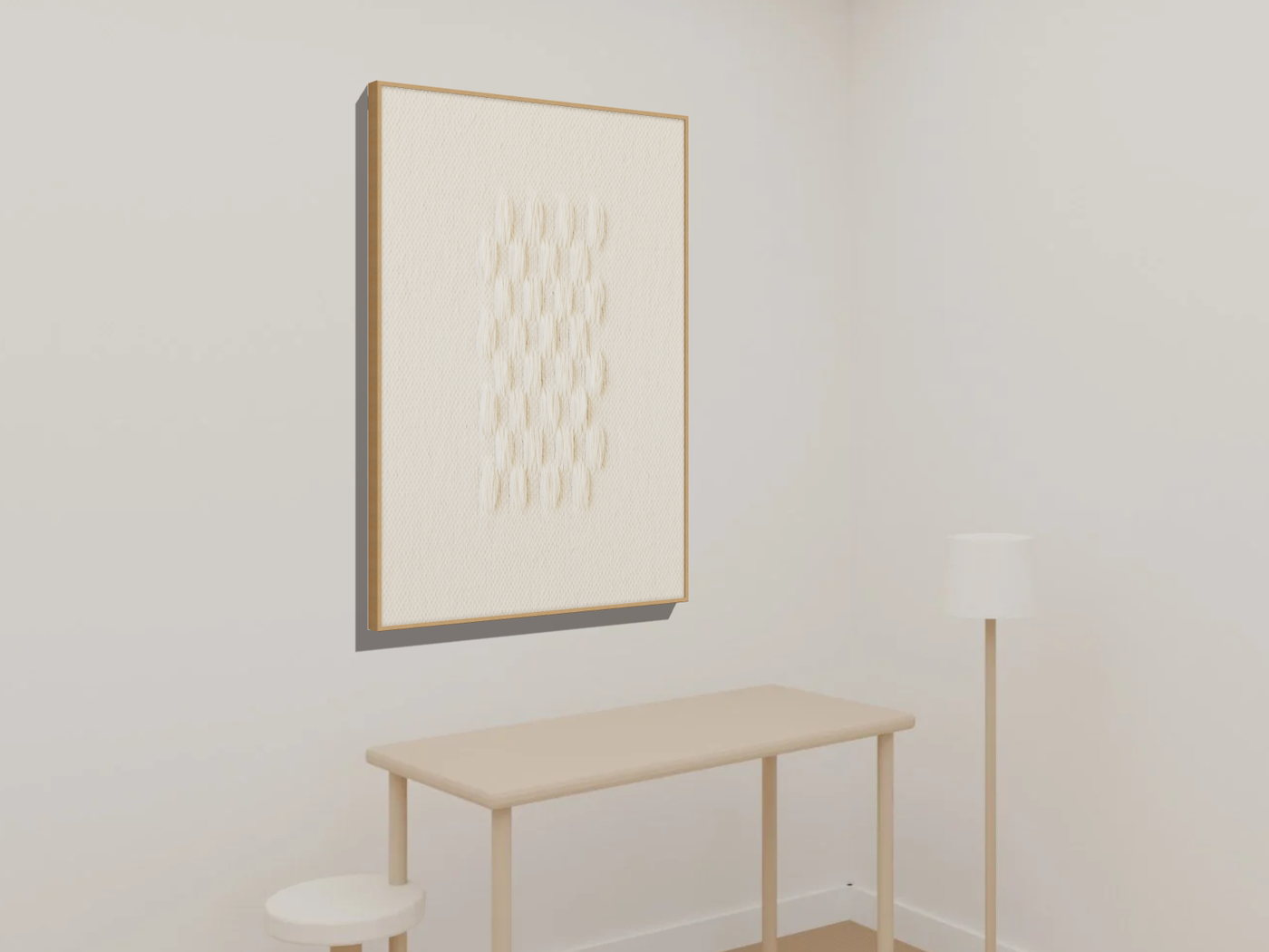 Framed II wool tapestry shown at an angle on an office wall in the Lale wall visualizer