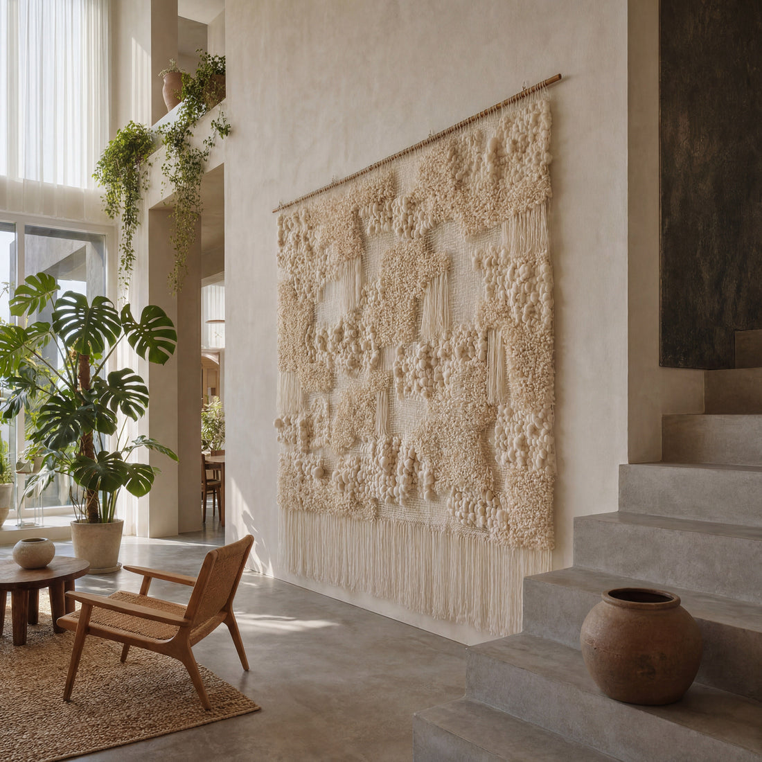 Monumental Totipoa handwoven wall hanging filling a double-height entrance wall beside a concrete staircase