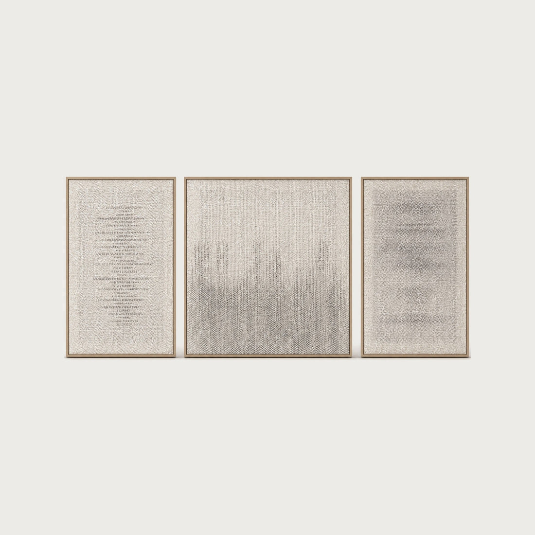 Mist Triptych, a set of three handwoven wool tapestries in solid oak frames, Lale Studio & Shop