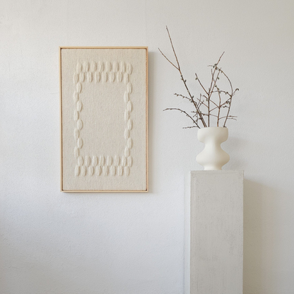 Handwoven Minimalist framed tapestry in Pine Natural oak frame.