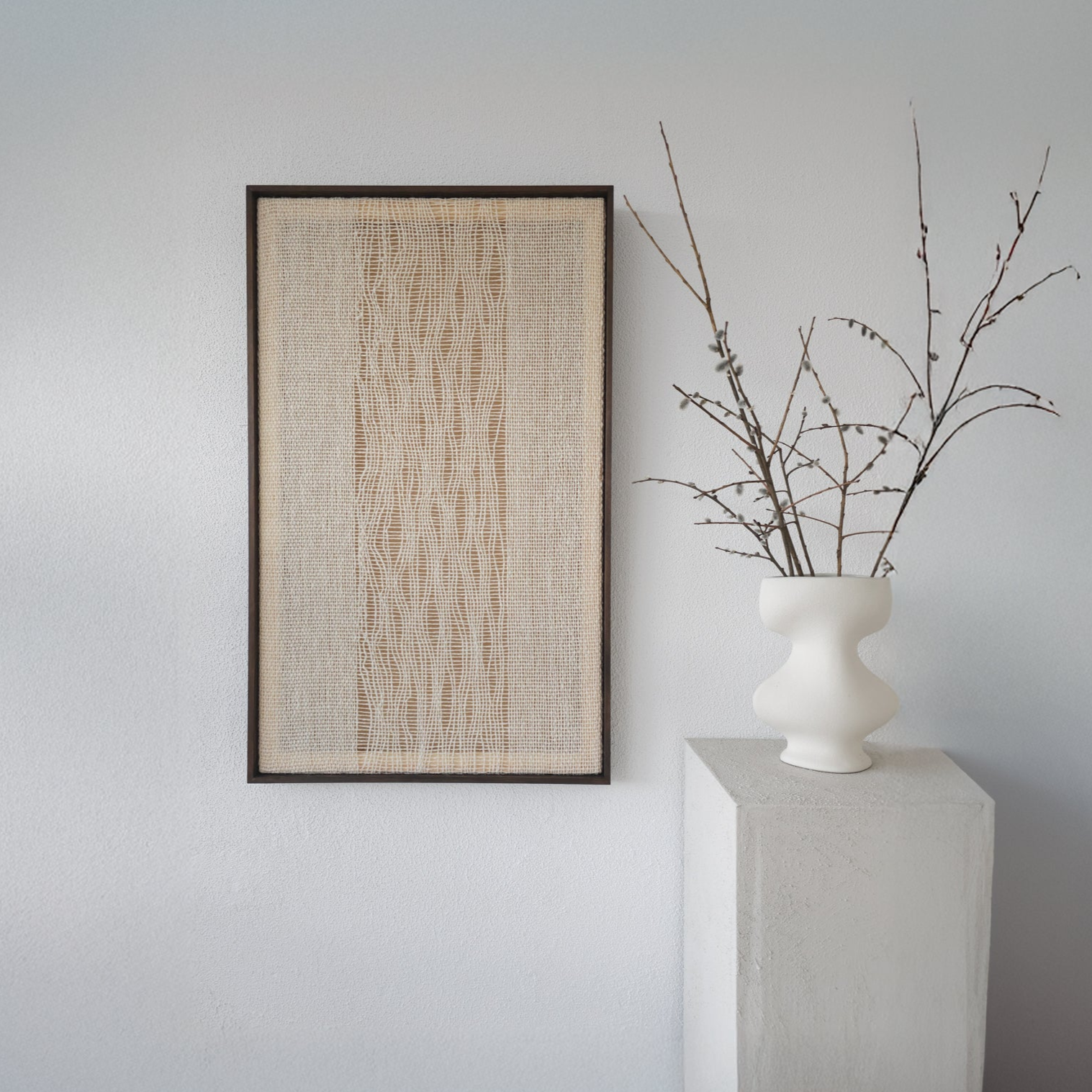 Imperfectio modern tapestry in Pine Walnut Frame.