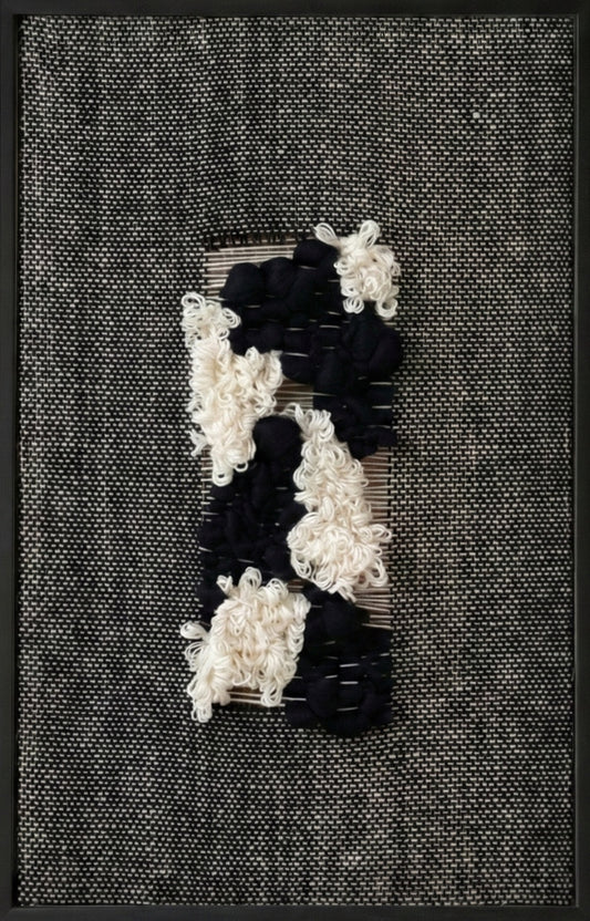 Velmono handwoven wool tapestry shown hanging on a wall