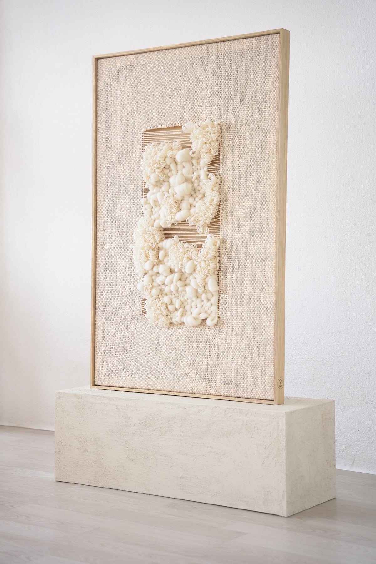 Elegant Velua woven wall hanging with oak frame for office wall art