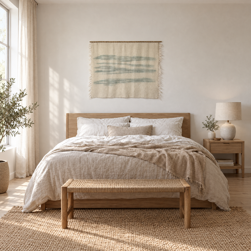 A'La Matcha handwoven wool wall hanging 100x80 cm above a bed in a Scandinavian bedroom, Lale Studio Shop