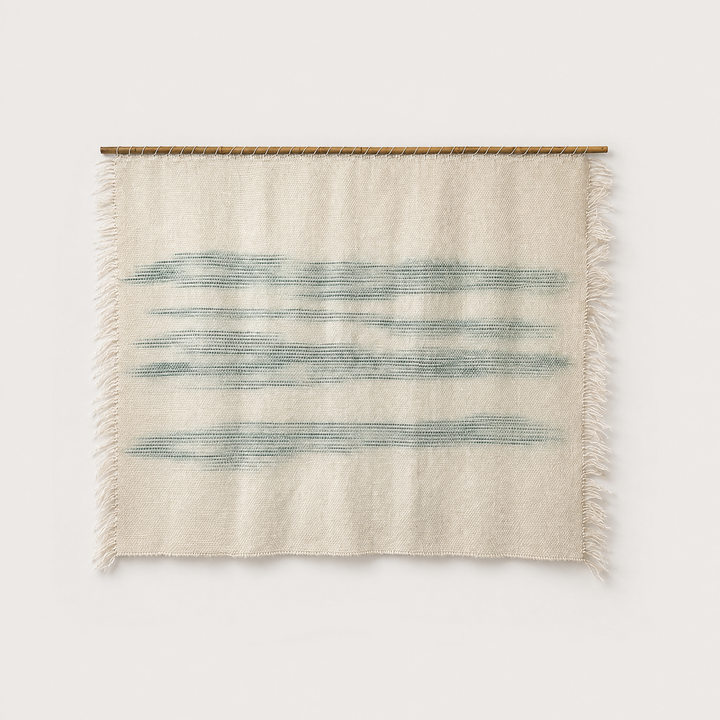A'La Matcha handwoven wool wall hanging with hand painted green design on a bamboo rod, Lale Studio & Shop