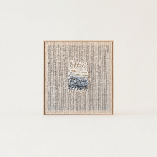 Aestus ocean tide sculptural handwoven two-ply wool tapestry with a soft three-dimensional wave relief in a slim pine frame, framed textile wall art by Lale Studio & Shop