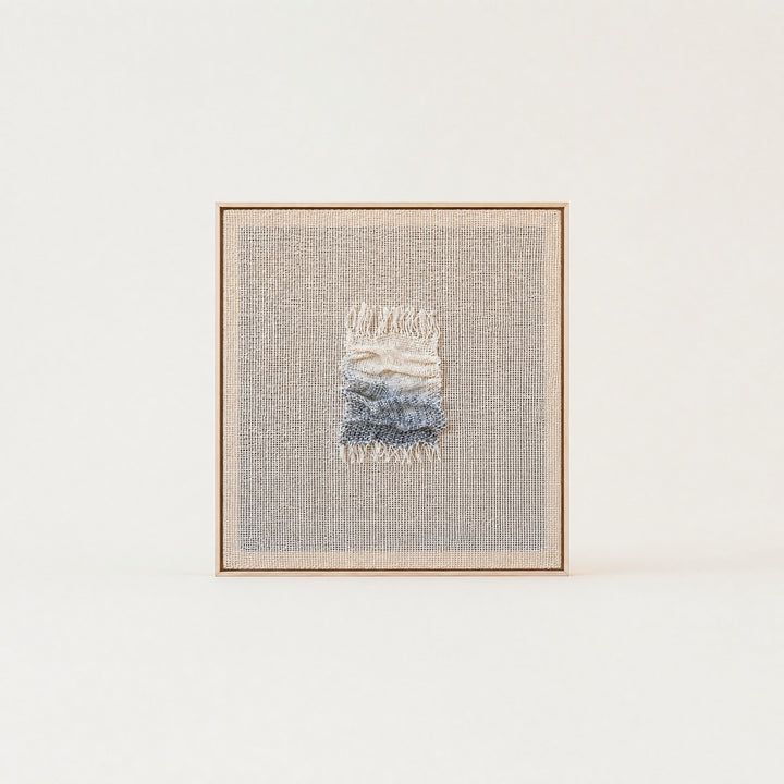 Aestus ocean tide sculptural handwoven two-ply wool tapestry with a soft three-dimensional wave relief in a slim pine frame, framed textile wall art by Lale Studio & Shop