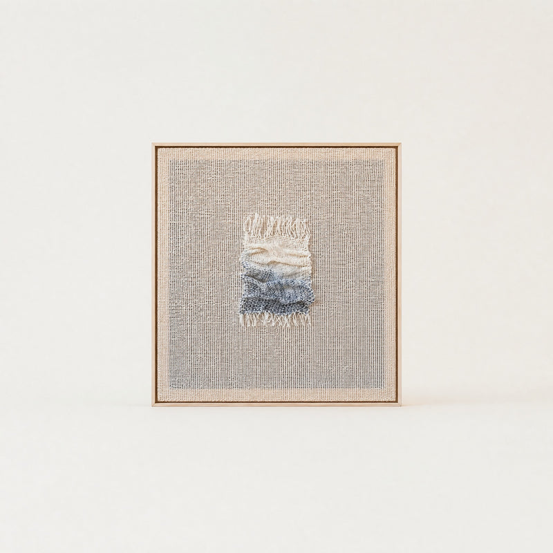 Aestus ocean tide sculptural handwoven two-ply wool tapestry with a soft three-dimensional wave relief in a slim pine frame, framed textile wall art by Lale Studio & Shop
