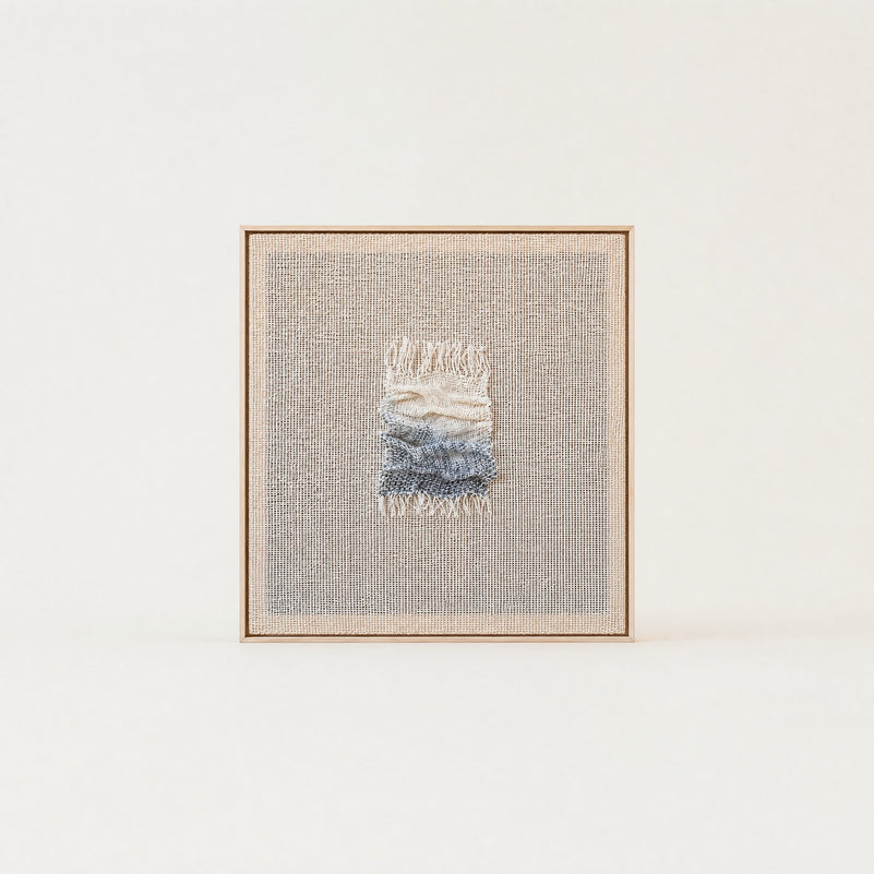 Aestus ocean tide sculptural handwoven two-ply wool tapestry with a soft three-dimensional wave relief in a slim pine frame, framed textile wall art by Lale Studio & Shop