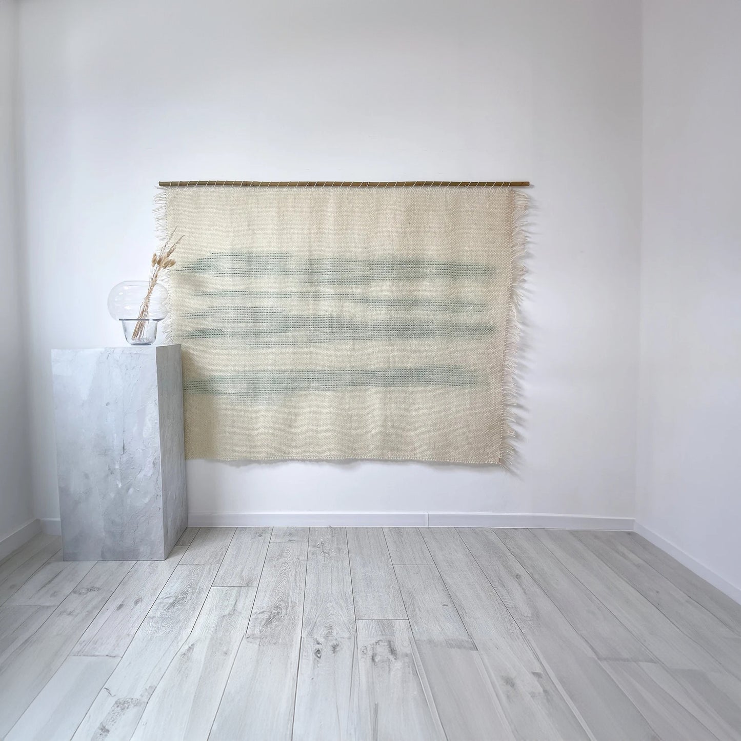 Handwoven A'la Matacha tapestry made from natural Polish wool, minimalist design perfect for modern home.