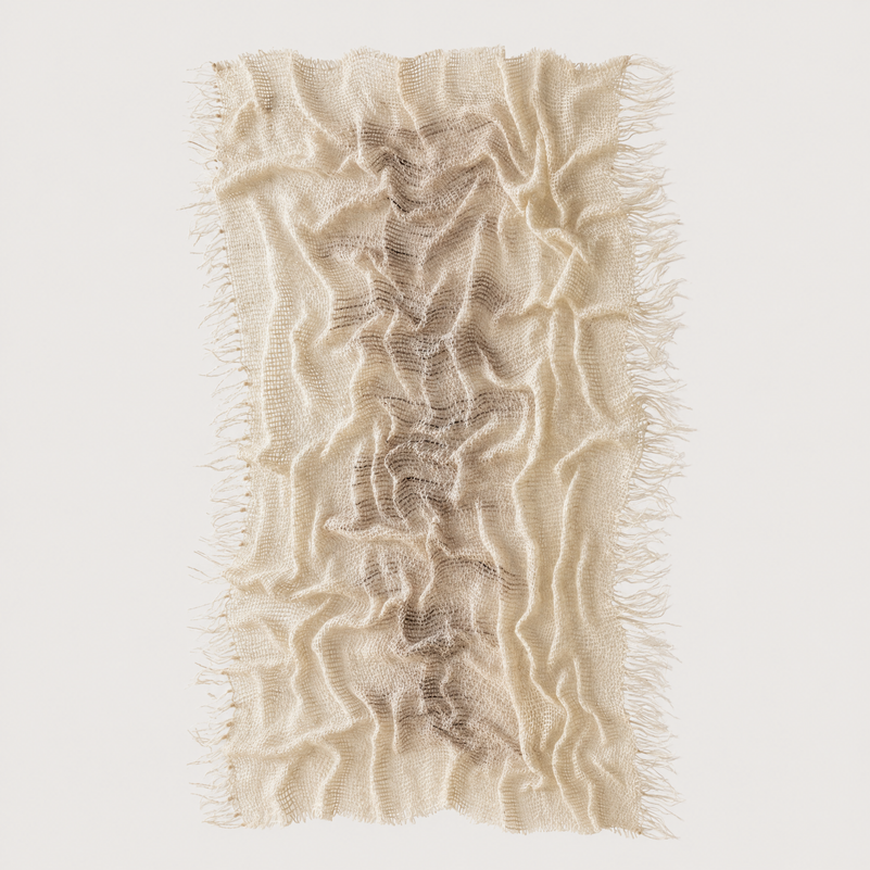 Alveo frameless handwoven wool wall sculpture in natural ivory with rippled relief and soft fringe, Lale Studio & Shop