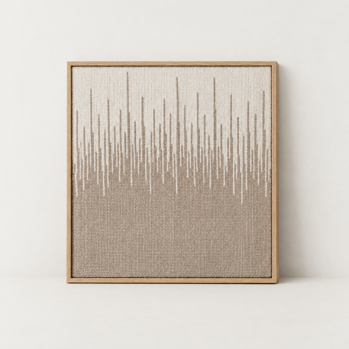 Balanse handwoven two-ply wool tapestry with vertical gradient in a slim pine frame, Lale Studio & Shop