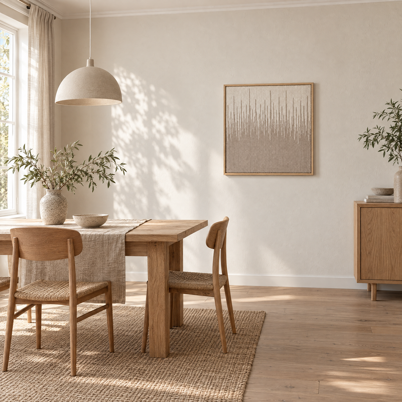 Balanse framed handwoven wool tapestry 80 x 80 cm in a dining room with an oak table, Lale Studio Shop