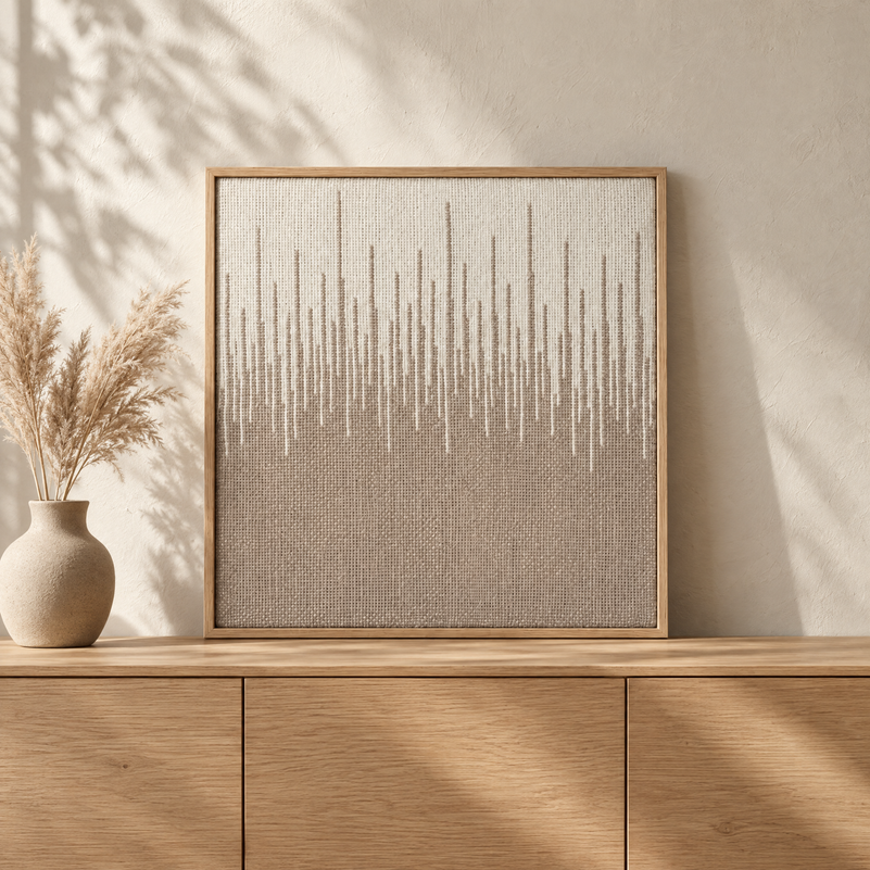 Balanse framed handwoven wool tapestry standing on an oak sideboard in a warm Japandi interior, Lale Studio Shop