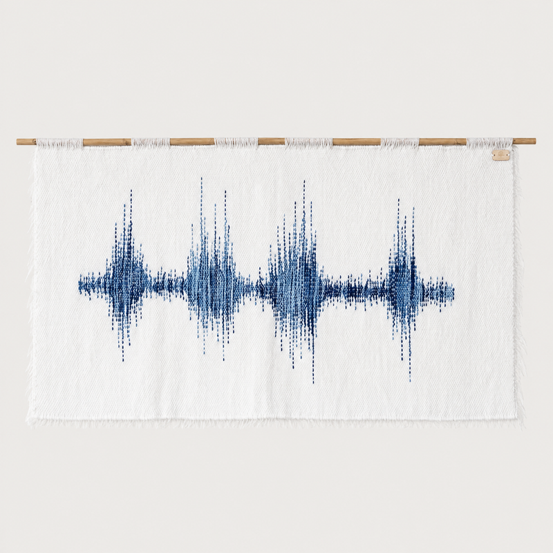 Blue Music handwoven wall hanging with blue soundwave pattern on a bamboo rod, Lale Studio & Shop