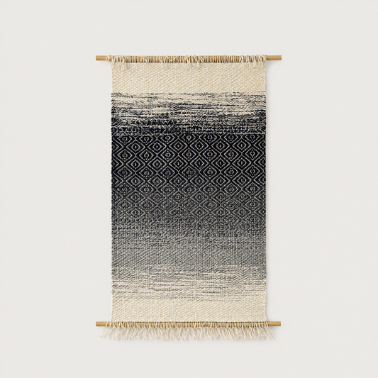 Bluo handwoven wool wall hanging, calm horizon gradient on bamboo rod, packshot, Lale Studio & Shop