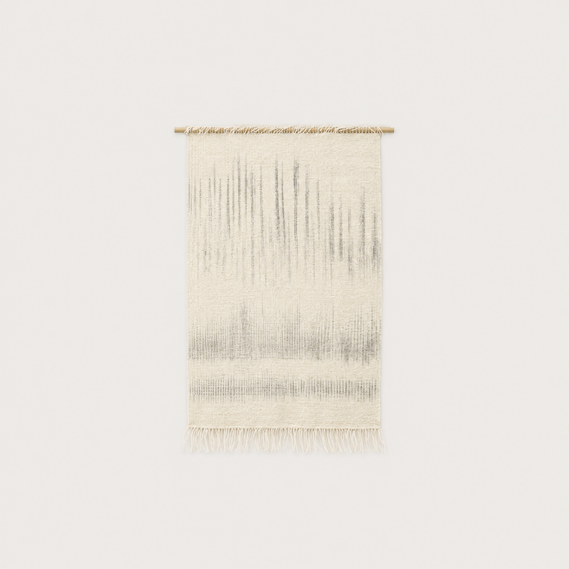 Bruine handwoven wool wall hanging in misty beige and grey on bamboo rod, packshot, Lale Studio & Shop