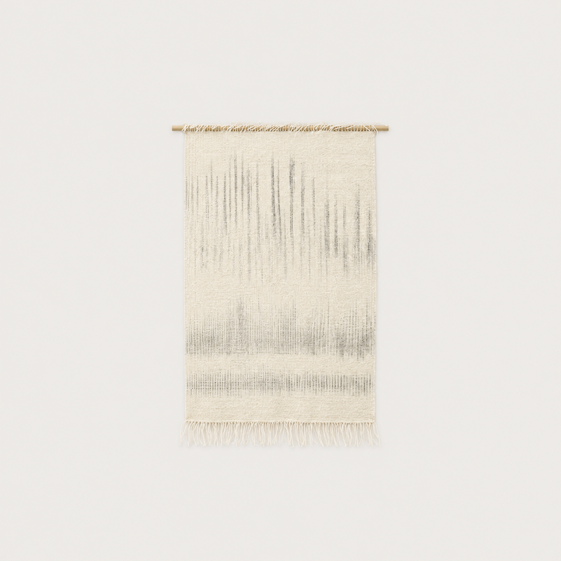 Bruine handwoven wool wall hanging in misty beige and grey on bamboo rod, packshot, Lale Studio & Shop