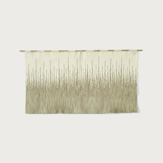 Brzoza handwoven wool wall hanging, natural birch forest tapestry on bamboo rod, Lale Studio & Shop