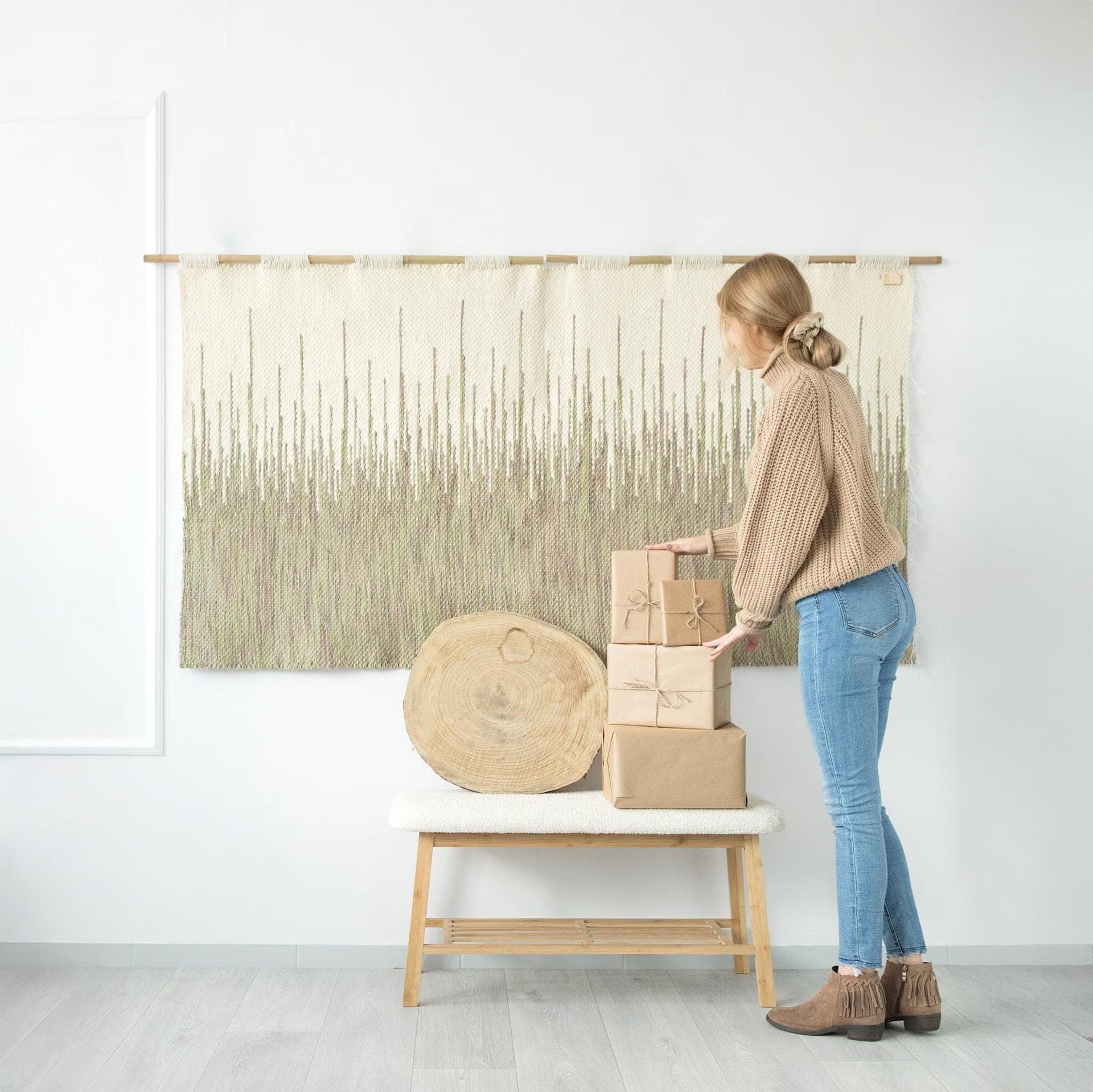Brzoza large handwoven wool wall hanging in a soft cream to sage green forest gradient, by Lale Studio & Shop
