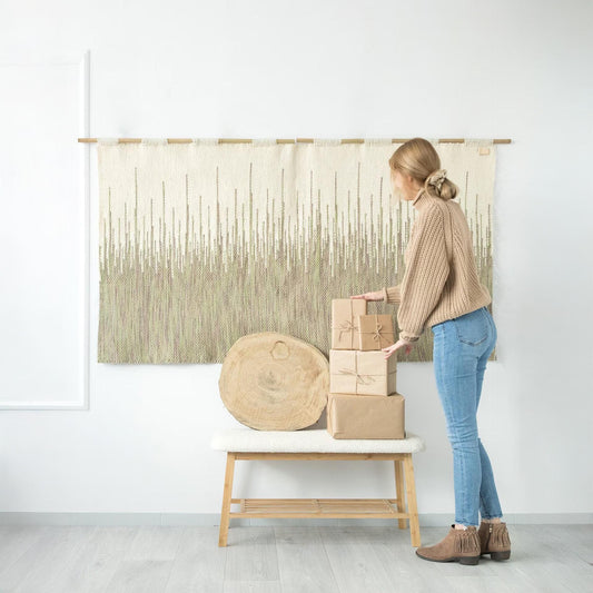 Brzoza large handwoven wool wall hanging in a soft cream to sage green forest gradient, by Lale Studio & Shop