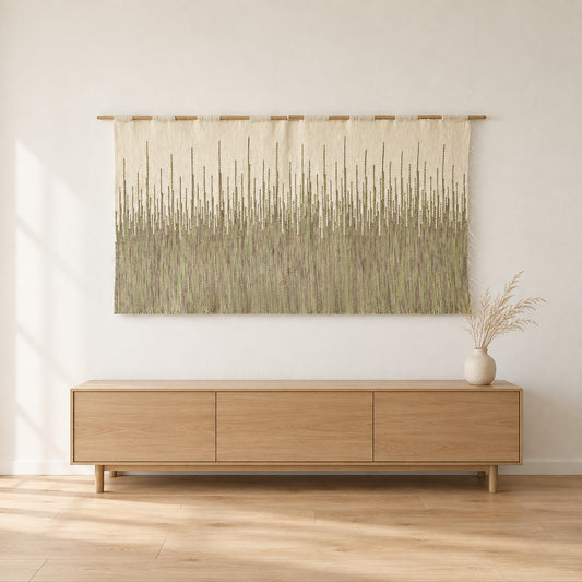 Brzoza wool tapestry in a japandi living room above an oak sideboard, Lale Studio & Shop