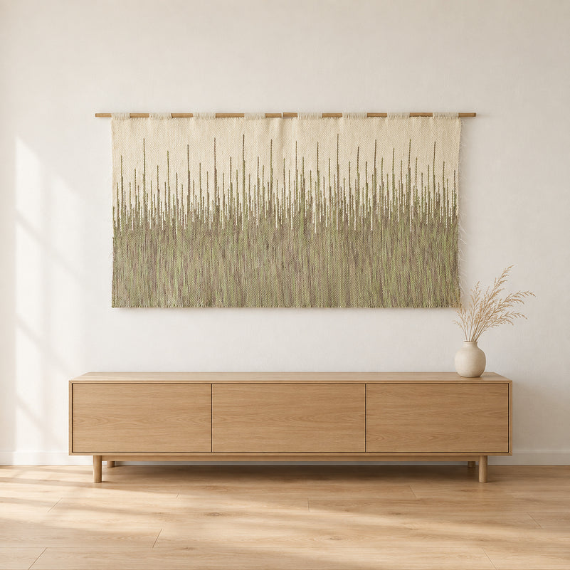 Brzoza wool tapestry in a japandi living room above an oak sideboard, Lale Studio & Shop