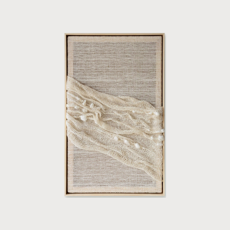 Chal chunky diagonal handwoven two-ply wool textile sculpture in a solid wooden frame by Lale Studio & Shop