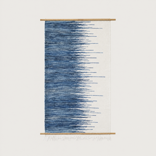 Cielo M handwoven wall hanging in blue and white on bamboo rods, Lale Studio & Shop
