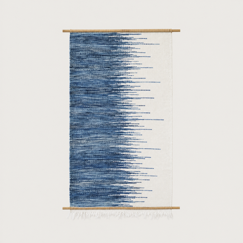 Cielo M handwoven wall hanging in blue and white on bamboo rods, Lale Studio & Shop