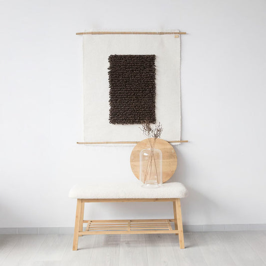 Iam Brown handwoven cotton wall hanging in warm brown tones on a wooden rod, boho textile wall art by Lale Studio & Shop