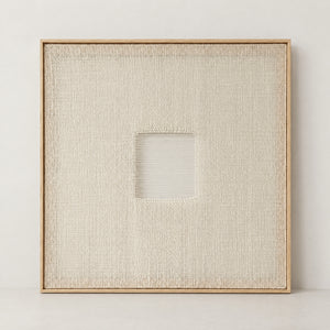 Diskuer framed ivory woven wall art with a central open square and fine horizontal threads, natural pine frame, full front view