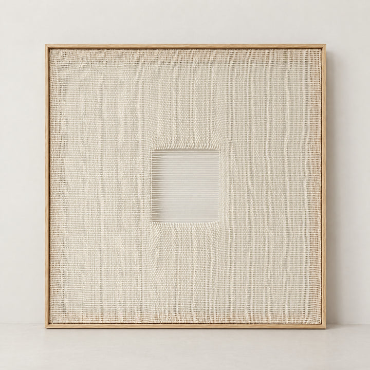 Diskuer framed ivory woven wall art with a central open square and fine horizontal threads, natural pine frame, full front view