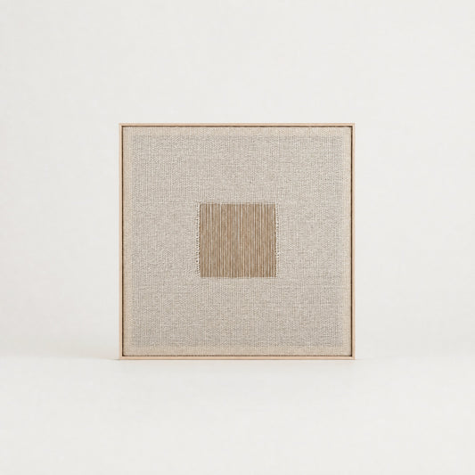 Diskuer square minimalist handwoven two-ply wool tapestry in natural cream tones in a slim pine frame, framed textile wall art by Lale Studio & Shop