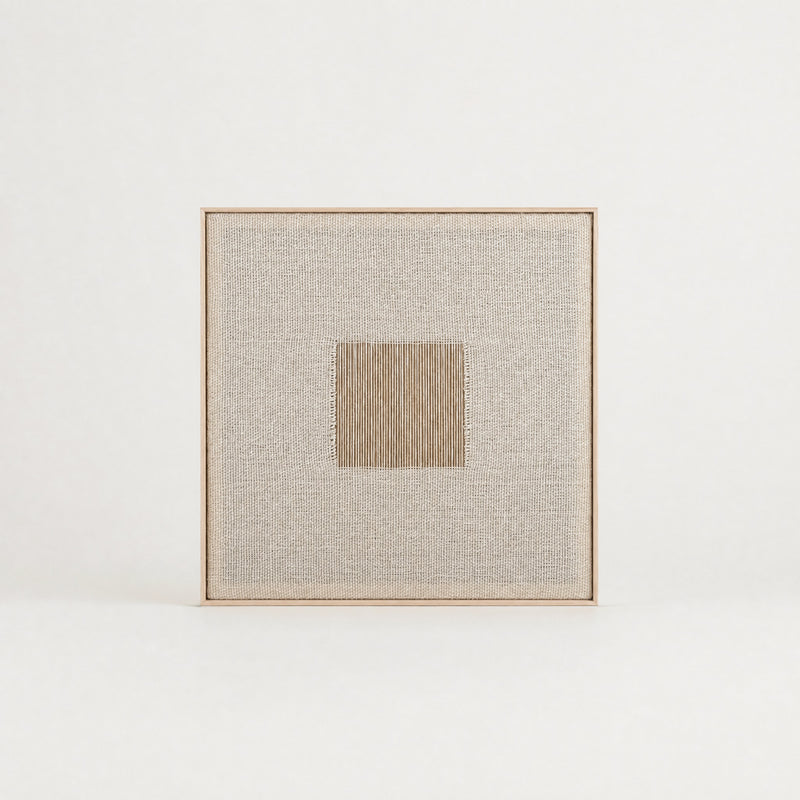 Diskuer square minimalist handwoven two-ply wool tapestry in natural cream tones in a slim pine frame, framed textile wall art by Lale Studio & Shop