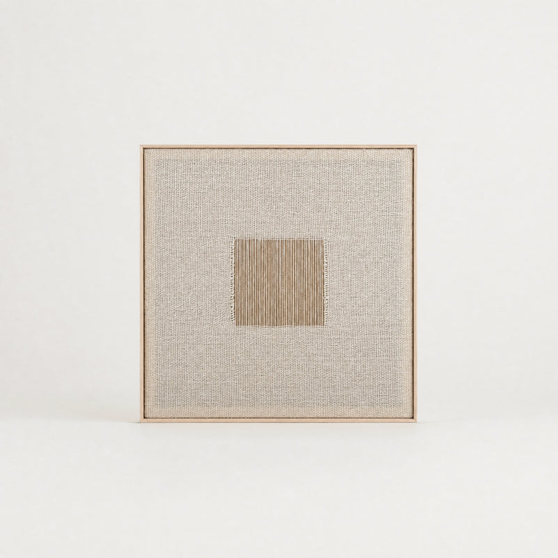 Diskuer square minimalist handwoven two-ply wool tapestry in natural cream tones in a slim pine frame, framed textile wall art by Lale Studio & Shop