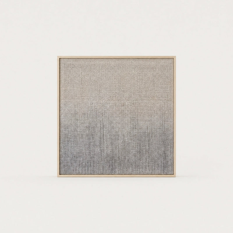 Doc handwoven two-ply wool tapestry with a hand-painted cream to grey gradient in a slim pine frame, framed textile wall art by Lale Studio & Shop