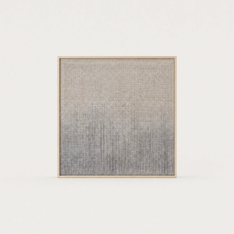 Doc handwoven two-ply wool tapestry with a hand-painted cream to grey gradient in a slim pine frame, framed textile wall art by Lale Studio & Shop