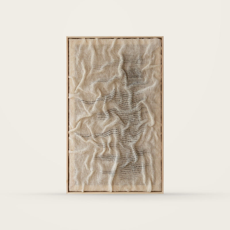 Duna — original wool weave and sculptural folds in a natural wooden frame, front view