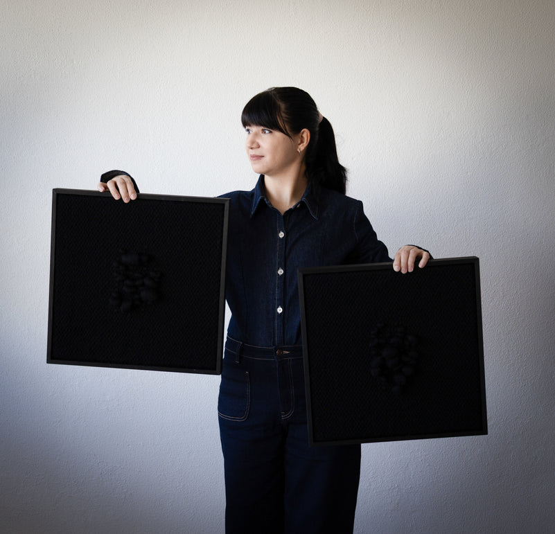 Enigma - Sculptural Framed Tapestry - Black Wool and Wood Art